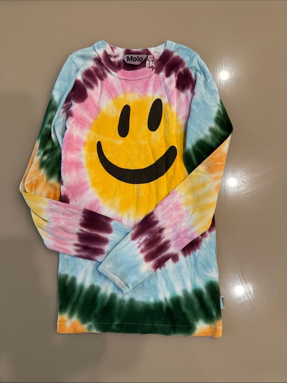 Molo Multicolor Tie-Dye Long Sleeve Shirt with Yellow Smiley